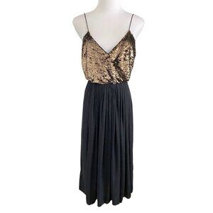ULLA JOHNSON BLACK SILK GOLD SEQUIN COMBO SPAGHETTI SLEEVE MINI COCKTAIL DRESS